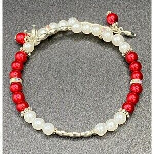 Handmade White & Red Faux Pearl Silver Tone Memory Wire Bracelet by Neanie-Bot